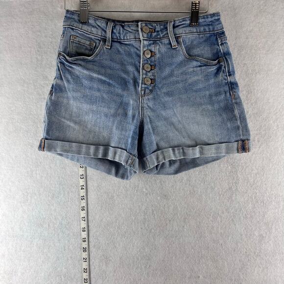 Old Navy High Rise Secret Slum Pockets Blue Jean Shorts Women's 2 Button Fly - Picture 1 of 11